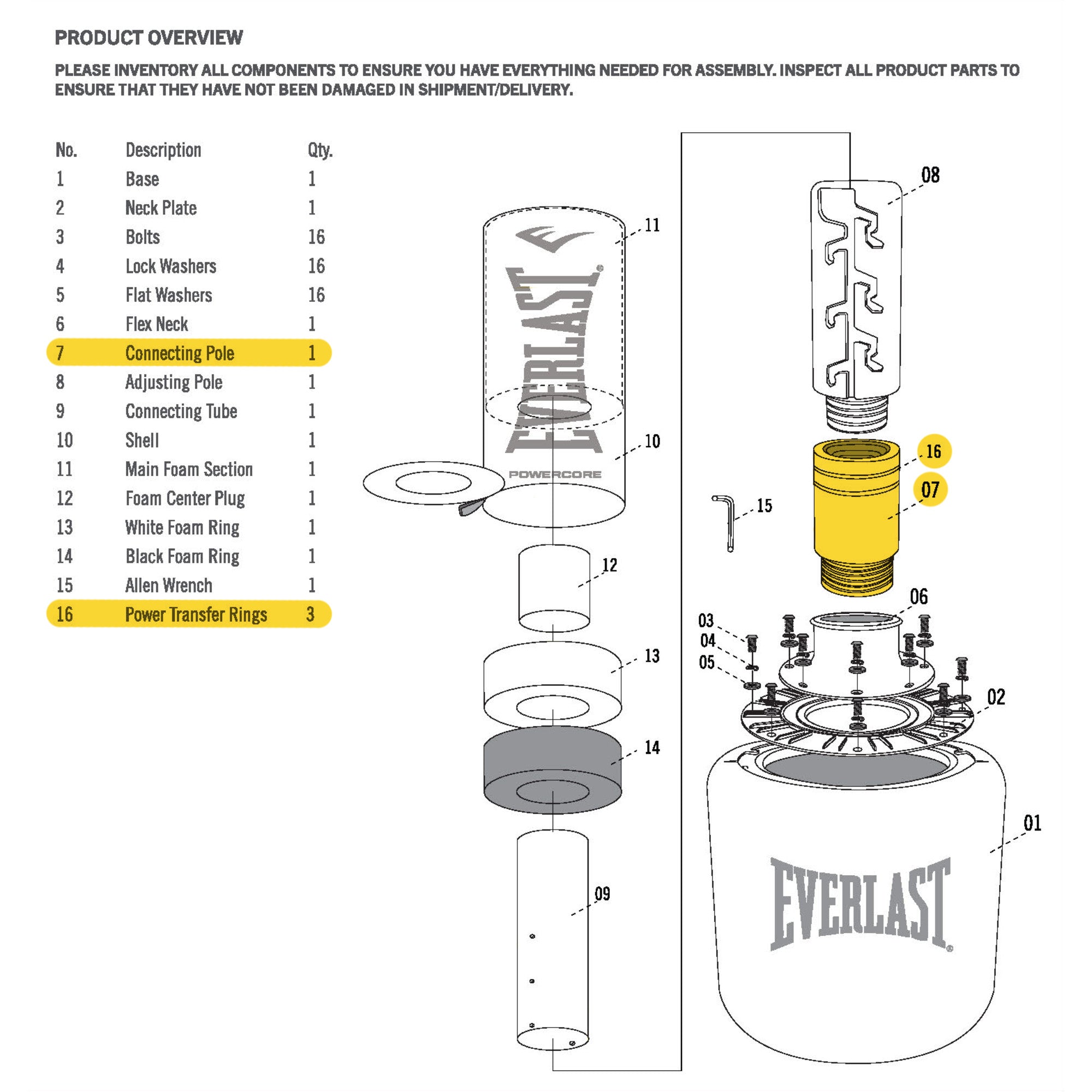 Powercore Freestanding Heavy Bag - Connecting Pole With Transfer Rings - Replacement Part - Everlast Canada Powercore Freestanding Heavy Bag - Connecting Pole With Transfer Rings - Replacement Part Black & Yellow